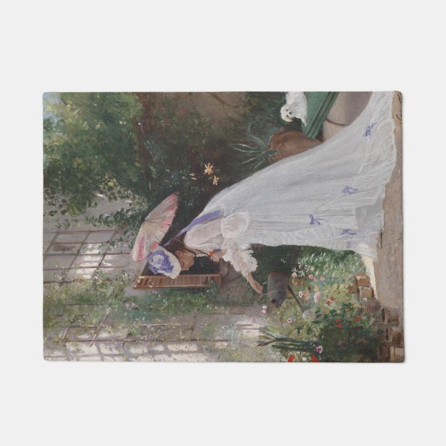 Dame in een tuin zorgen voor haar bloemen met lief deurmat (Voorkant)