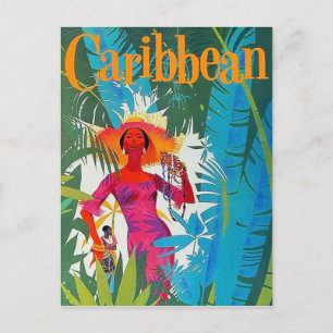 Dame in een wandeling op Caribisch eiland, vintage Briefkaart