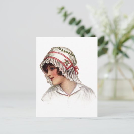  dame in Embroidery en Lace Bonnet Briefkaart (Staand voorkant)