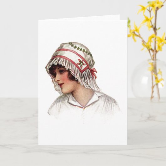  dame in Embroidery en Lace Bonnet Kaart (Gele Bloem)