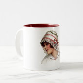  dame in Embroidery en Lace Bonnet Tweekleurige Koffiemok (Voorkant links)