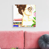 Dame in glazen, boeken en bloemen canvas afdruk (Insitu (Woonkamer))