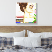 Dame in glazen, boeken en bloemen canvas afdruk (Insitu (Slaapkamer))