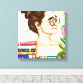Dame in glazen, boeken en bloemen canvas afdruk (Insitu (Houten vloer))