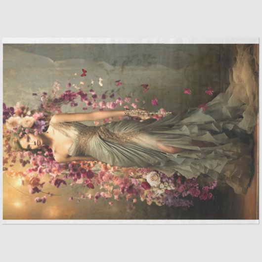 Dame in Groen, Portret & Levendige Bloemenkunst Tissuepapier (Voorkant)