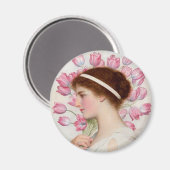 Dame in het klassieke dress met roze tulpen magneet (Voorkant / Achterkant)