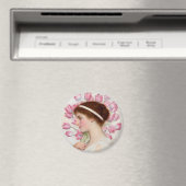 Dame in het klassieke dress met roze tulpen magneet (Insitu (Vaatwasser))