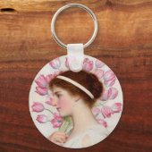 Dame in het klassieke dress met roze tulpen sleutelhanger (Voorkant)