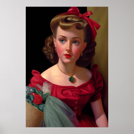  dame in het Rode Dress Roos Retro Poster (Voorkant)