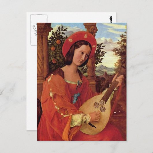 Dame in het rood Een luit spelen Briefkaart (Voorkant / Achterkant)