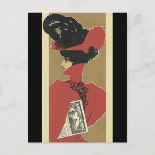 Dame in het rood met zwarte veren briefkaart