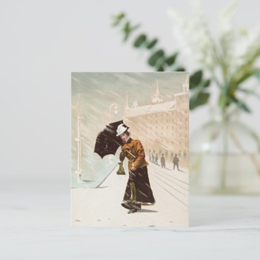 dame in het sneeuwstorm briefkaart (Staand voorkant)