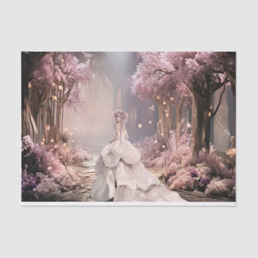 Dame in het wit, lila Cherry Blossoms Portretkunst Tissuepapier (Voorkant)