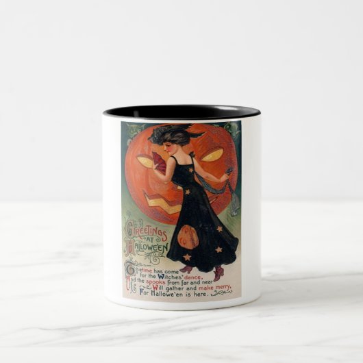 dame in het zwart en Jack o' Lantern Tweekleurige Koffiemok (Center)