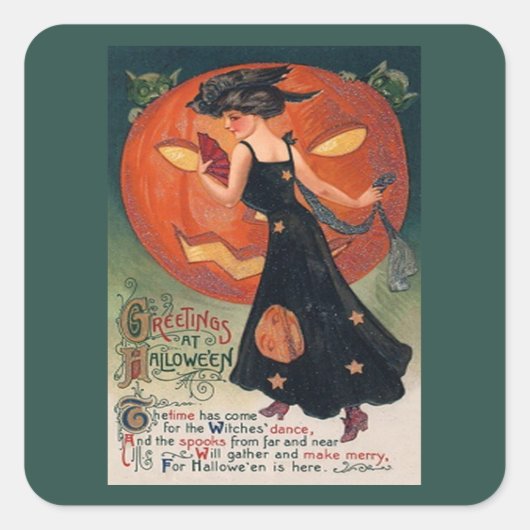  dame in het zwart en Jack o' Lantern Vierkante Sticker (Voorkant)