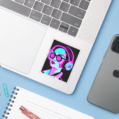 Dame in Hoofdtelefoon Jamming to Music Sticker (Laptop met iPhone)