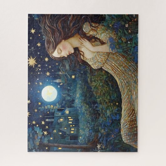  dame in Moonlight Forest Art Nouveau Legpuzzel (Verticaal)