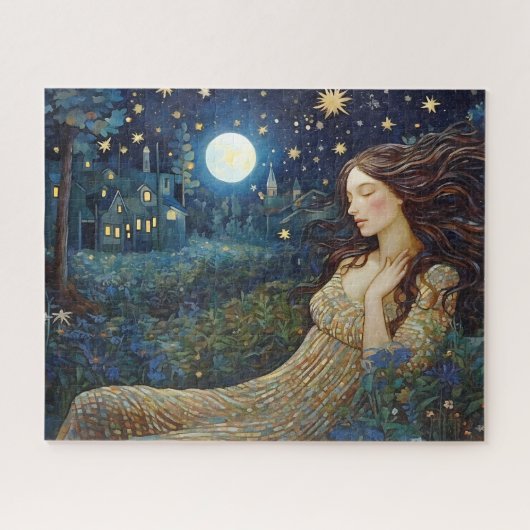  dame in Moonlight Forest Art Nouveau Legpuzzel (Horizontaal)