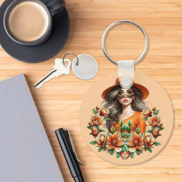 Dame in Oranje Derby Pet - Oranje Bloemen Sleutelhanger