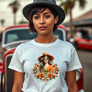 Dame in Oranje Derby Pet - Oranje Bloemen T-shirt