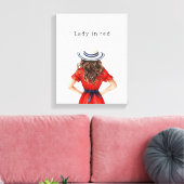 Dame in rode jurk bruin haar canvas afdruk (Insitu (Woonkamer))