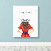 Dame in rode jurk bruin haar canvas afdruk (Insitu (Houten vloer))