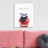 Dame in rode jurk zwart haar canvas afdruk (Insitu (Woonkamer))