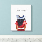 Dame in rode jurk zwart haar canvas afdruk (Insitu (Houten vloer))
