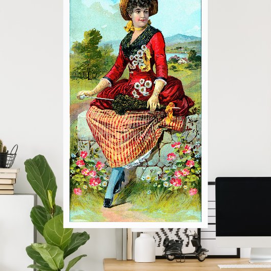  dame in Rode Parasolrode bloemen Poster (Thuiskantoor)