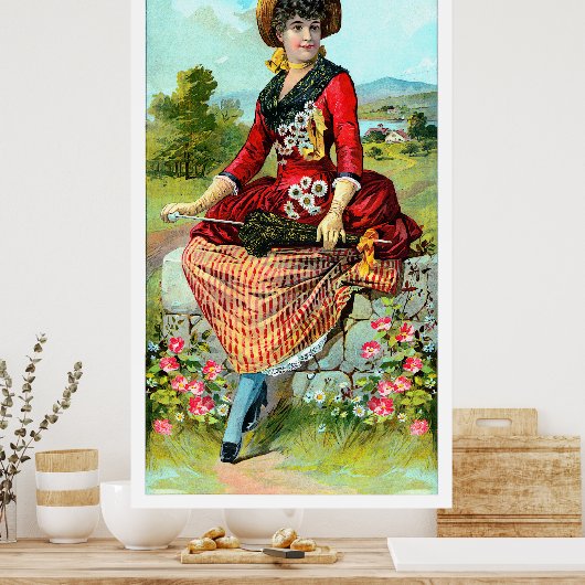  dame in Rode Parasolrode bloemen Poster (Keuken)