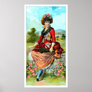 dame in Rode Parasolrode bloemen Poster