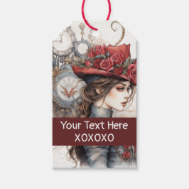 Dame in Rode Valentijn Kiss steampunk waterverf Cadeaulabel