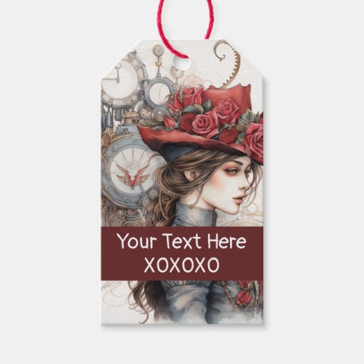 Dame in Rode Valentijn Kiss steampunk waterverf Cadeaulabel (Voorkant)