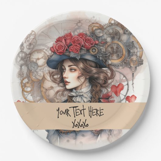 Dame in Rode Valentijn Kiss steampunk waterverf Papieren Bordje (Voorkant)
