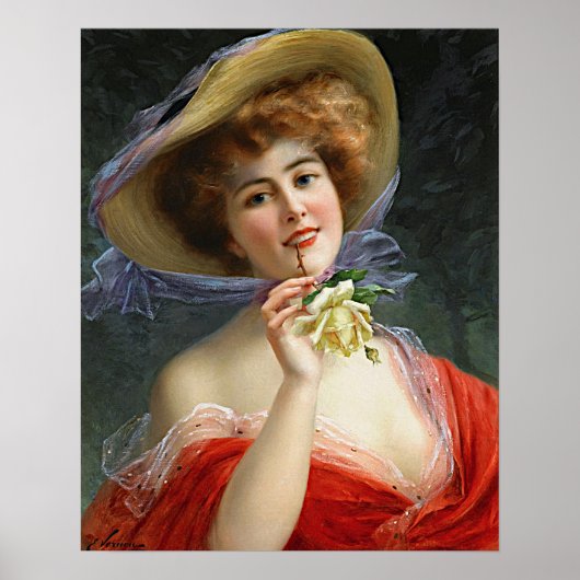  dame in rood met gele rozen poster (Voorkant)