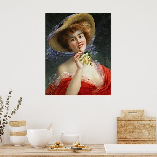  dame in rood met gele rozen poster (Keuken)