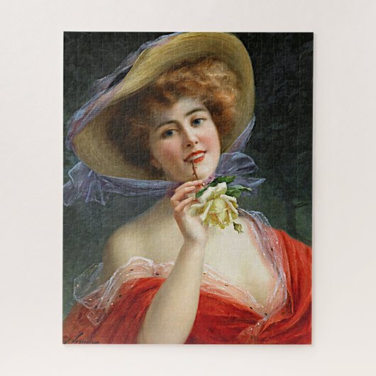  dame in rood Pet en gele rozen Legpuzzel (Verticaal)