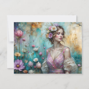 Dame in roze, getextureerd bloemenlandschap turkoo briefkaart