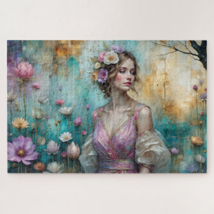 Dame in roze, getextureerd bloemenlandschap turkoo legpuzzel