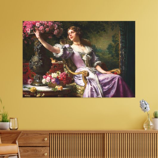  dame in roze Lila dress & Red Rose Canvas Afdruk (Insitu (Woonkamer))