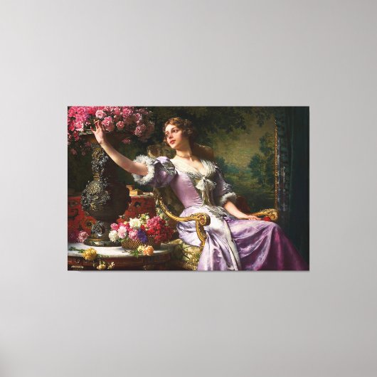  dame in roze Lila dress & Red Rose Canvas Afdruk (Voorkant)