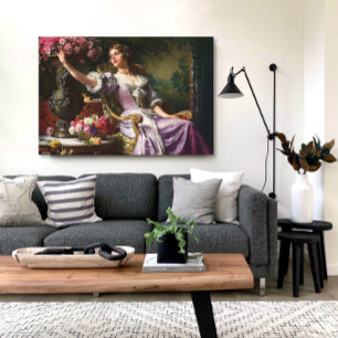 dame in roze Lila dress & Red Rose Canvas Afdruk