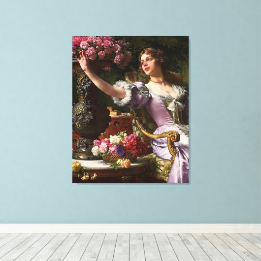  dame in roze Lila dress & Red Rose Canvas Afdruk (Insitu (Houten vloer))