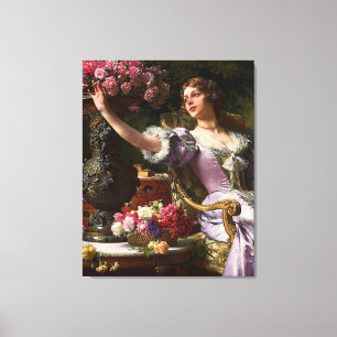 dame in roze Lila dress & Red Rose Canvas Afdruk