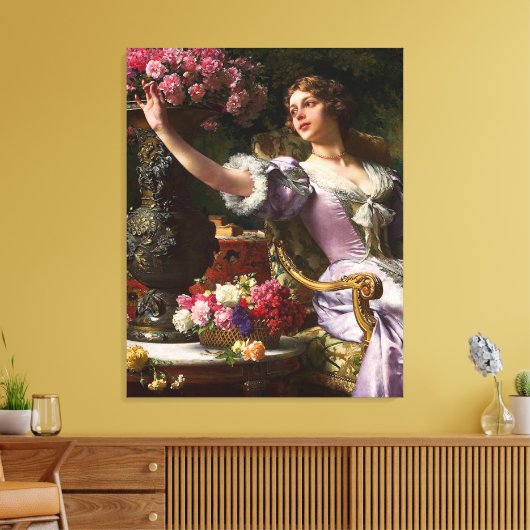  dame in roze Lila dress & Red Rose Canvas Afdruk (Insitu (Woonkamer))