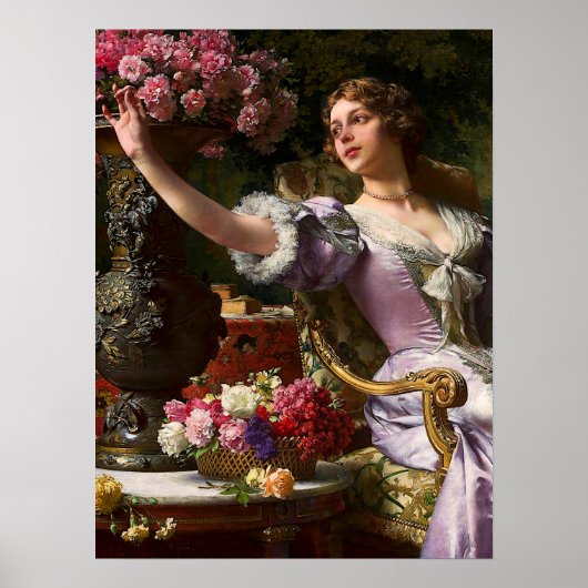 dame in roze Lila dress & Red Rose Canvas Poster (Voorkant)