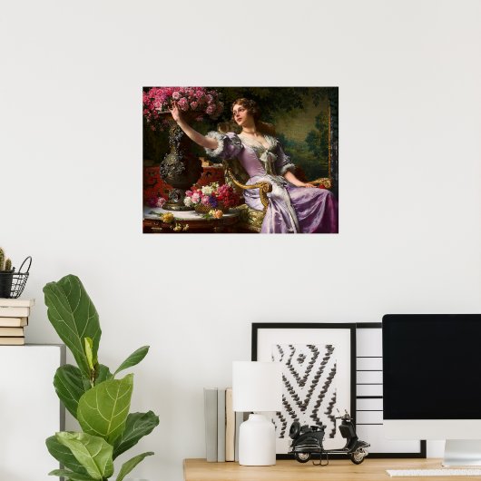  dame in roze Lila dress & Red Rose Poster (Thuiskantoor)