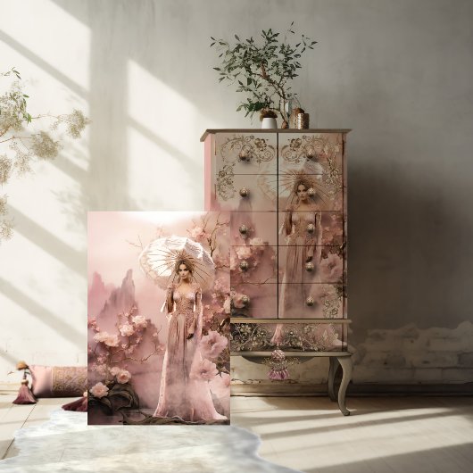 Dame in Roze met een Parasol & Floral Tissuepapier