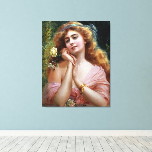 dame in roze met gele rozen canvas afdruk (Insitu (Houten vloer))