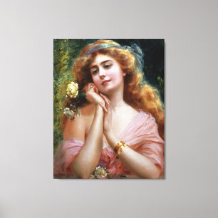dame in roze met gele rozen canvas afdruk